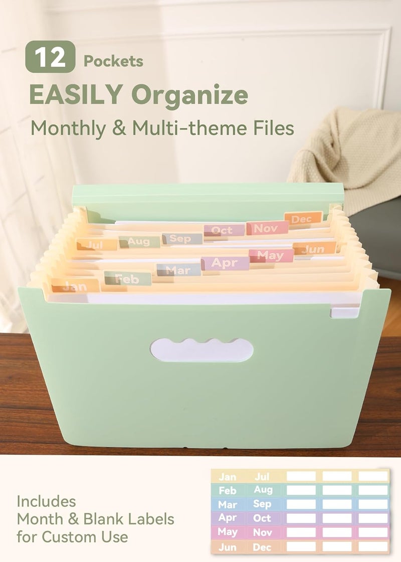 SortRax Accordion File Organizer 12 Pockets, Monthly Bill Receipt Tax Organizer, Expanding File Folders with Larger Bright Tabs, Fits Letter/A4 Size - Green - Image 2